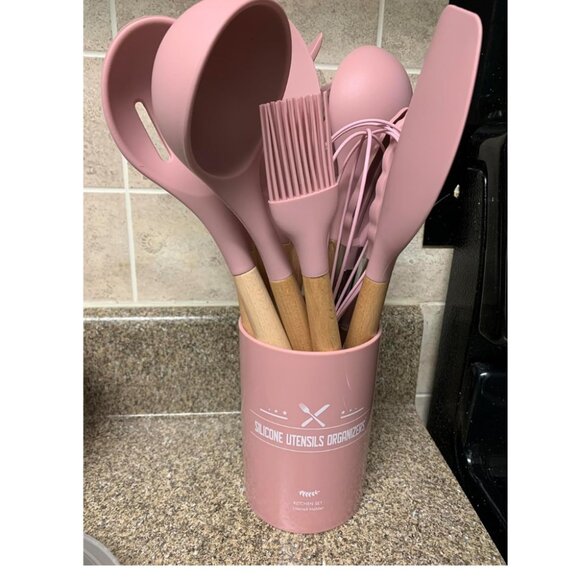 33 pcs Non-Stick Silicone Cooking Kitchen Utensils Spatula Pink Set with Holder - Picture 1 of 9